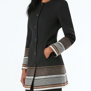 BEBE Wool Blend Jacquard Detail Hourglass Pea-Coat Jacket  Black White Orange 4